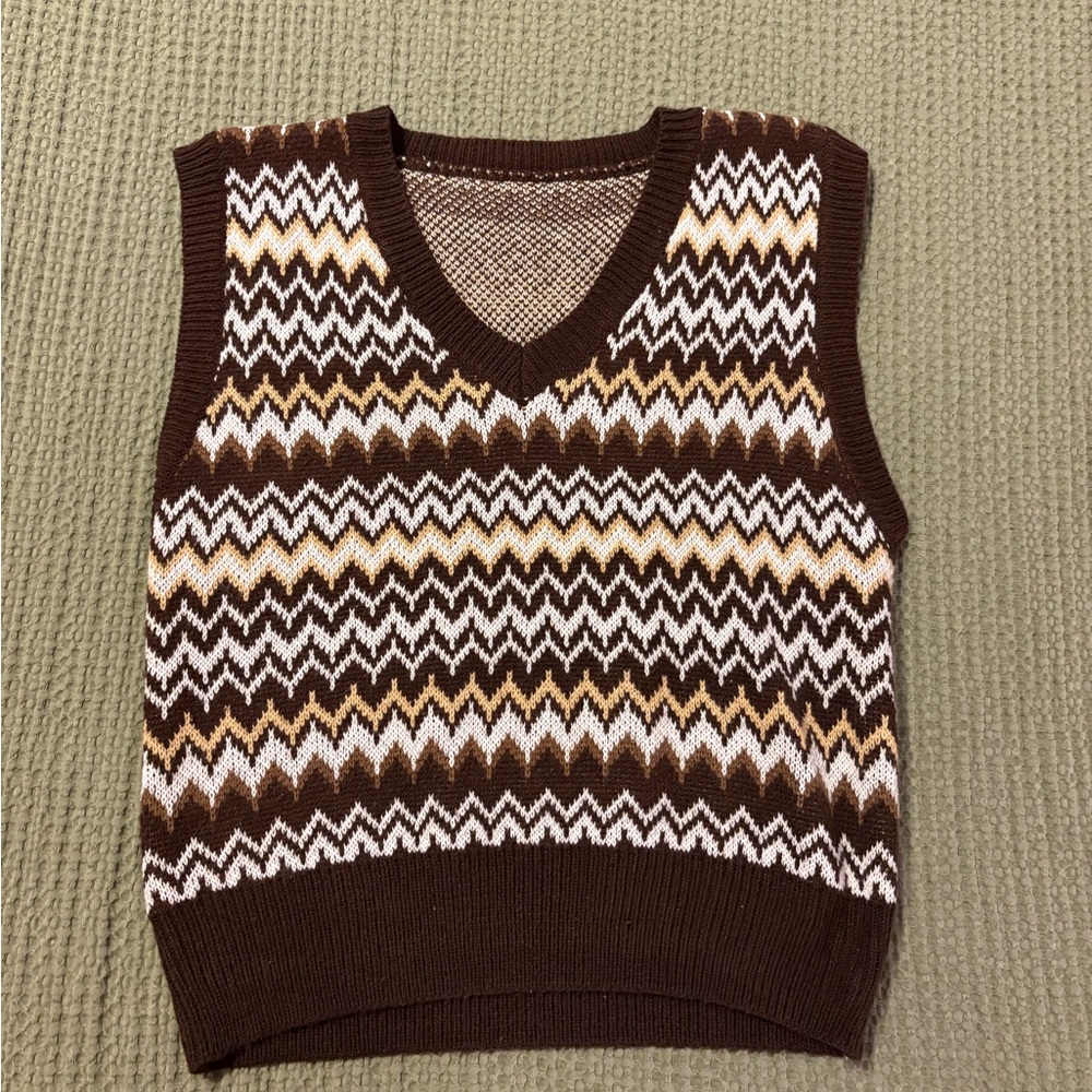 Oversized Brown Chevron Knit Sweater Vest